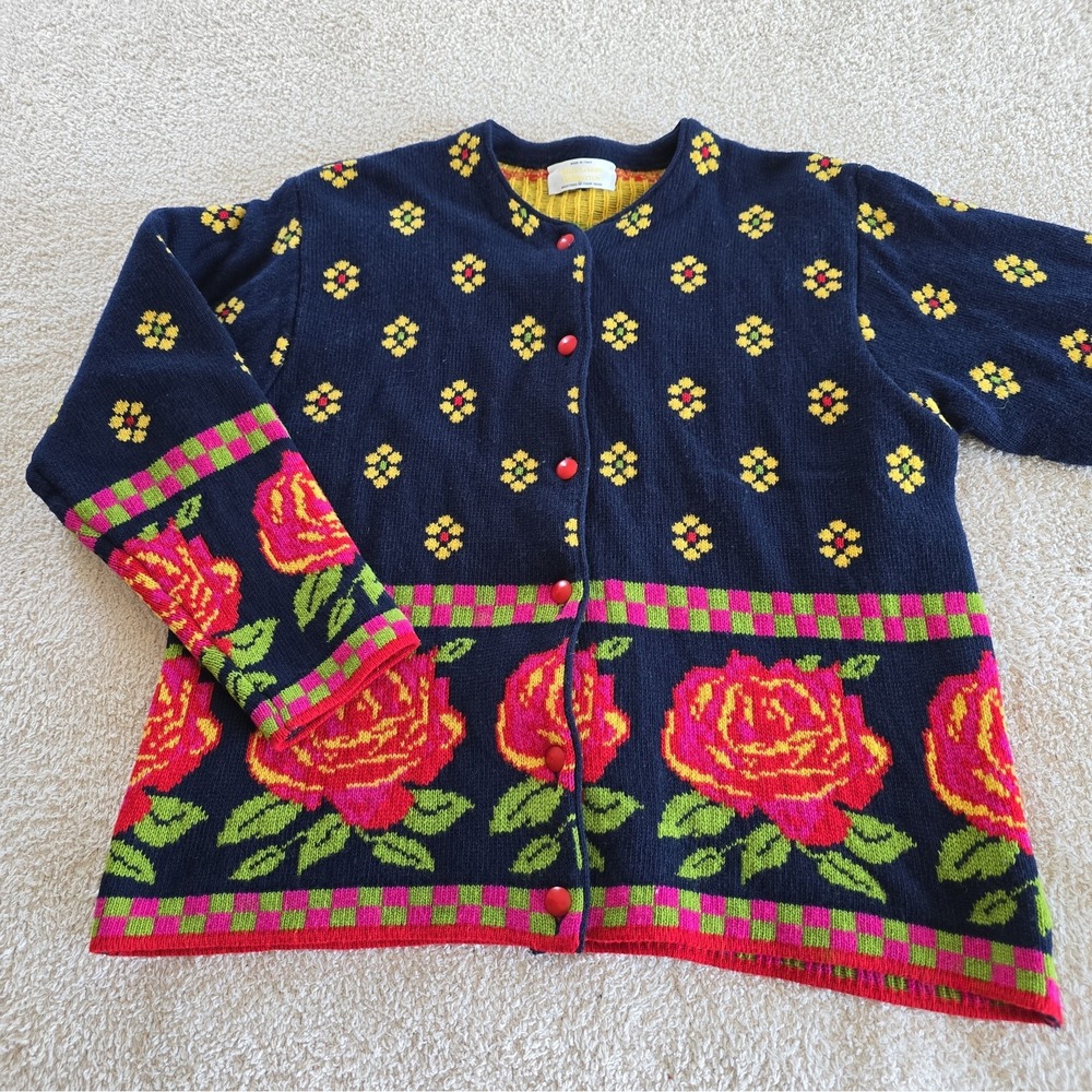 VTG 80s/90s United Colors of Benetton Floral Wool Cardigan Sweater Made In Italy